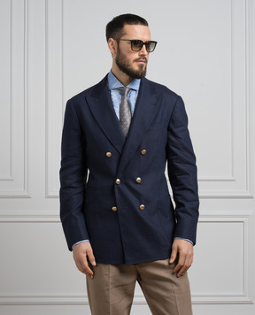 Brunello Cucinelli Синий двубортный блейзер из льна и шерсти MS4627BBDE