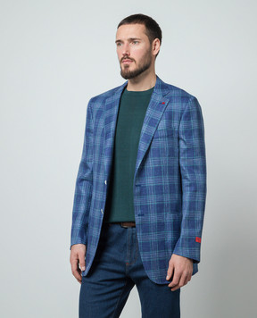 ISAIA Синий блейзер в клетку из шерсти, шелка и льна. 521GSI9099N
