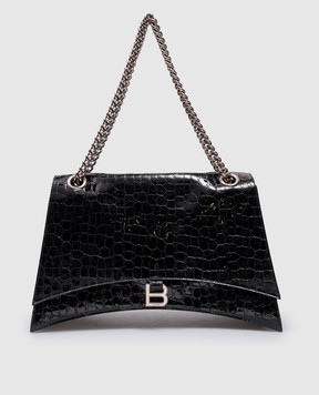 Balenciaga Черная кожаная лакированная сумка CRUSH с тиснением под кожу крокодила 7163322AAQM