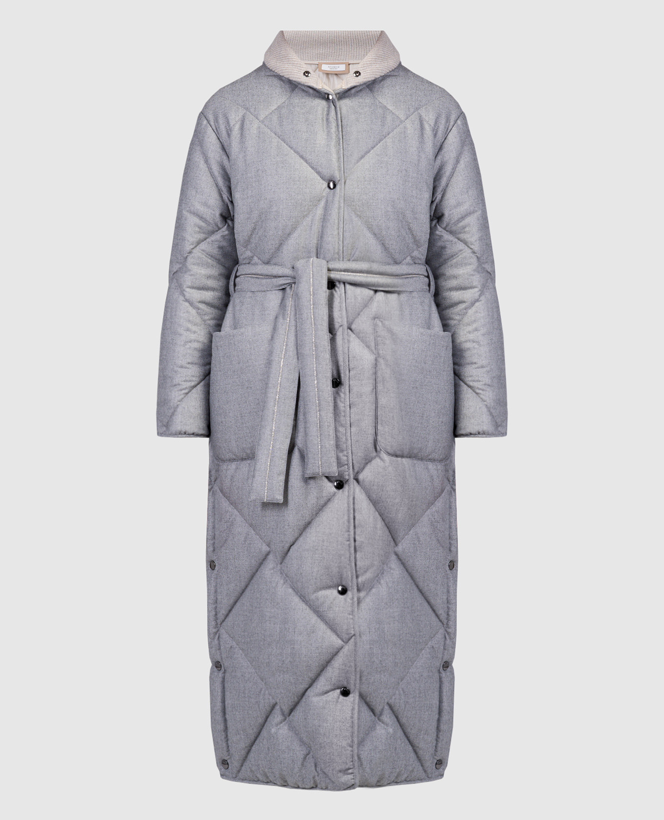 Gray quilted coat with monil chain