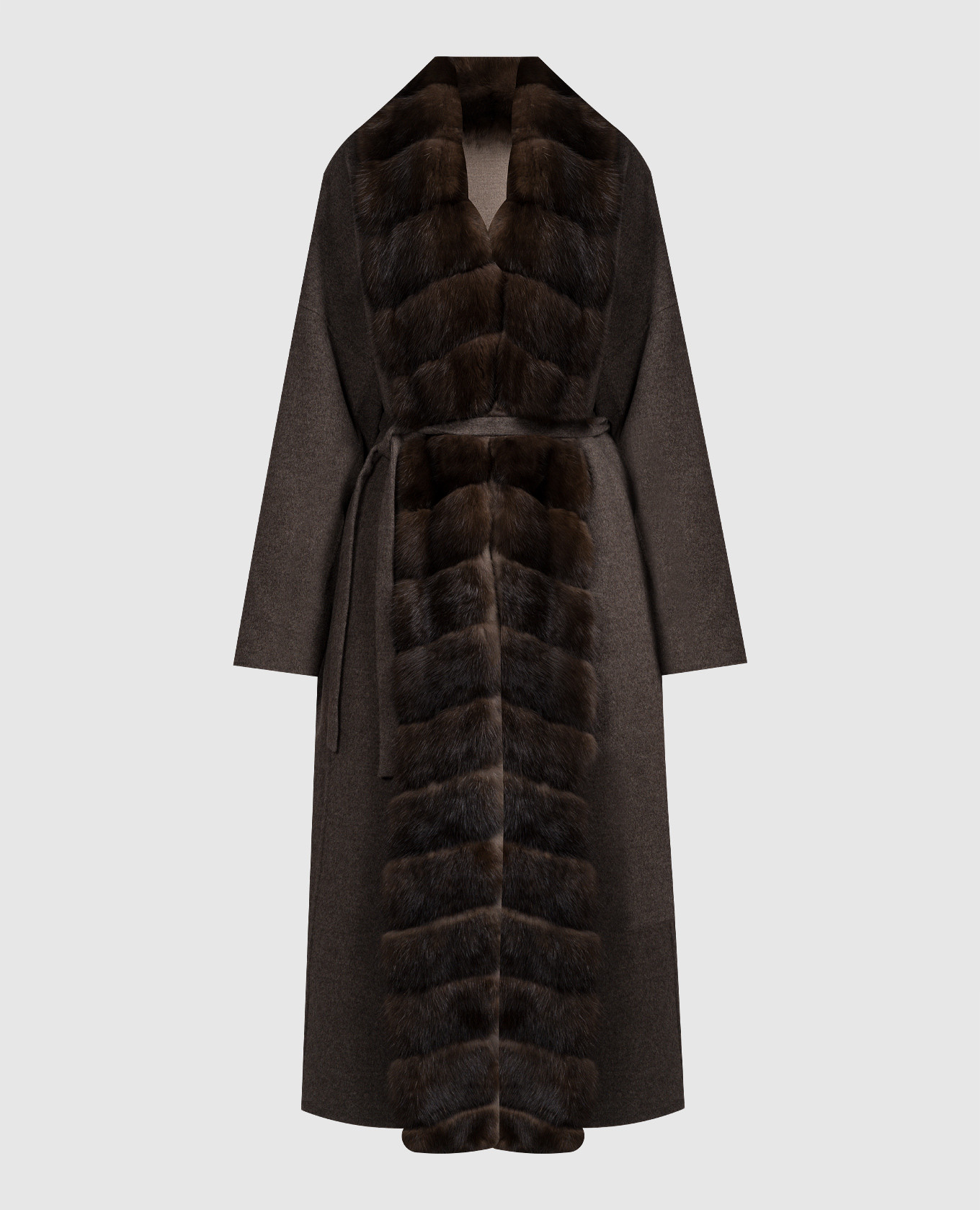 Коричневое пальто из шерсти и кашемира с мехом соболя