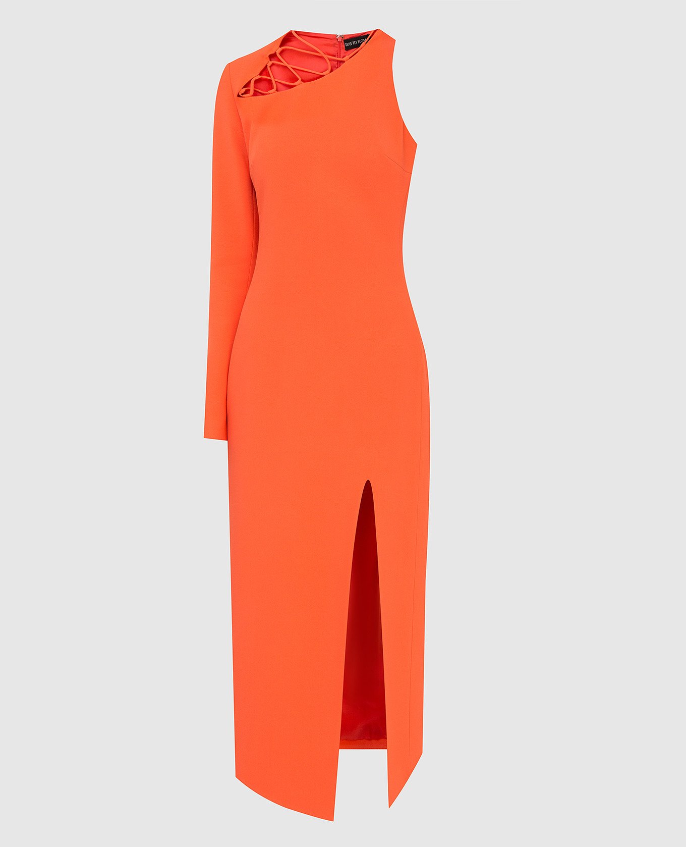 Оранжевое платье с разрезом и асимметрией