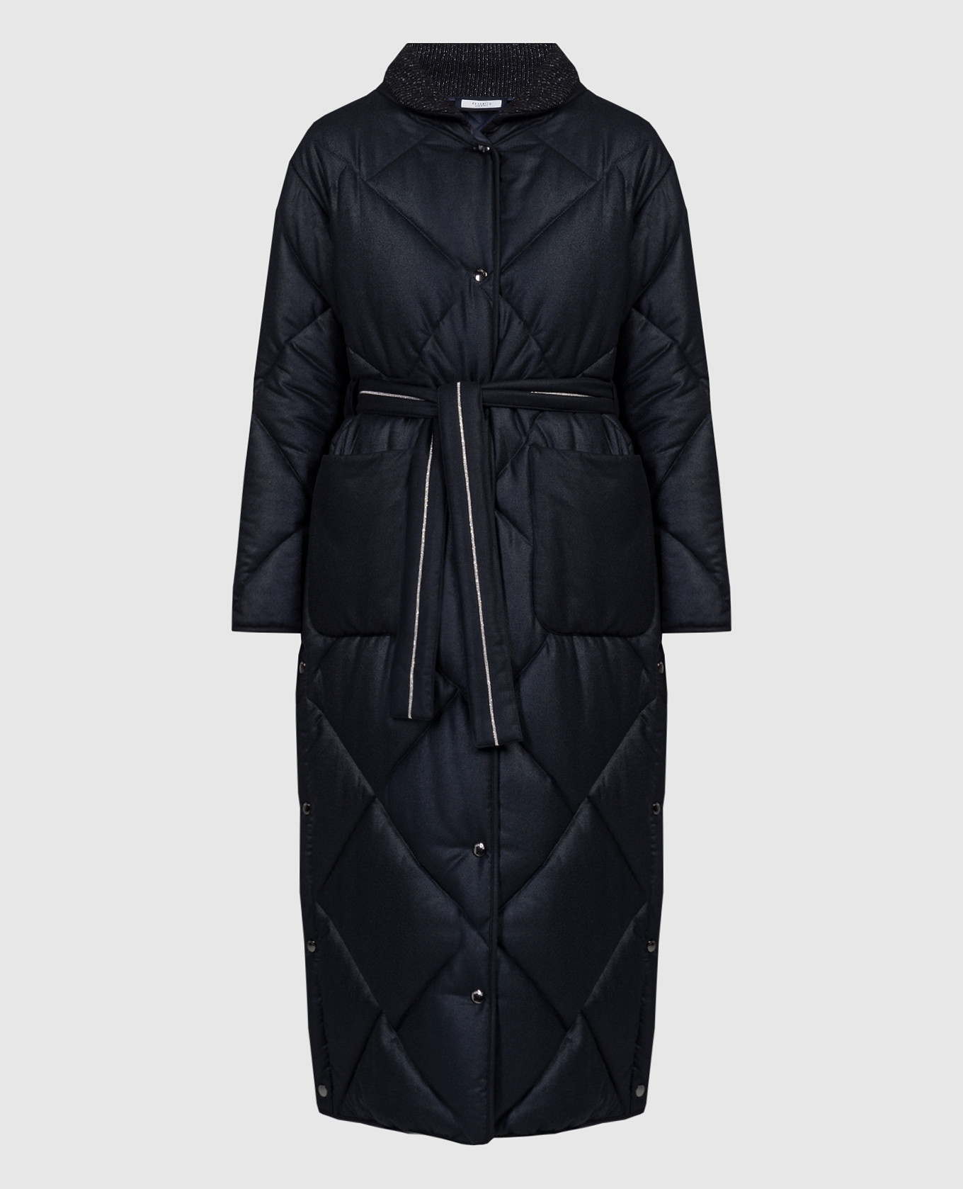 Blue quilted coat with monil chain