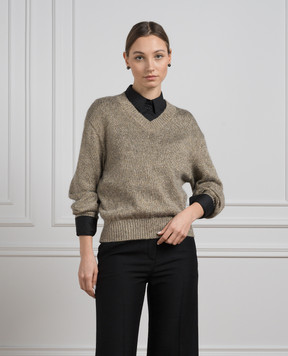 Brunello Cucinelli Коричневый меланжевый пуловер с шерстью и люрексом MLE727602