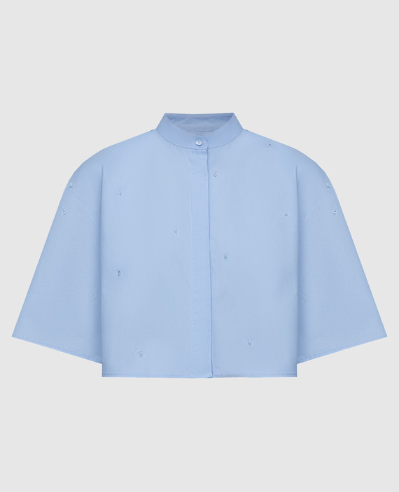 Блакитна укорочена блуза з намистинами