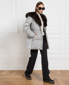 Be Florence Серый пуховик из шерсти и шелка с мехом соболя BE2340XXDARK