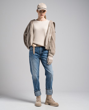Brunello Cucinelli Бежевый джемпер из кашемира в рубчик с цепочкой мониль M12175400