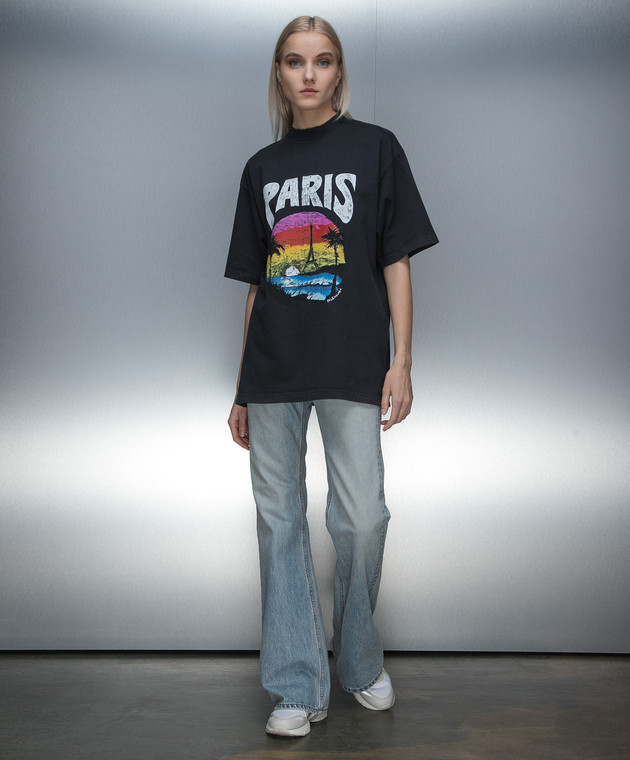 Balenciaga Черная футболка с принтом PARIS TROPICAL 764235TPVL9 изображение 2