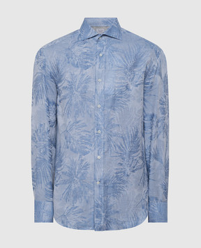 Brunello Cucinelli Блакитна сорочка з льоном в тропічний візерунок MM6321718