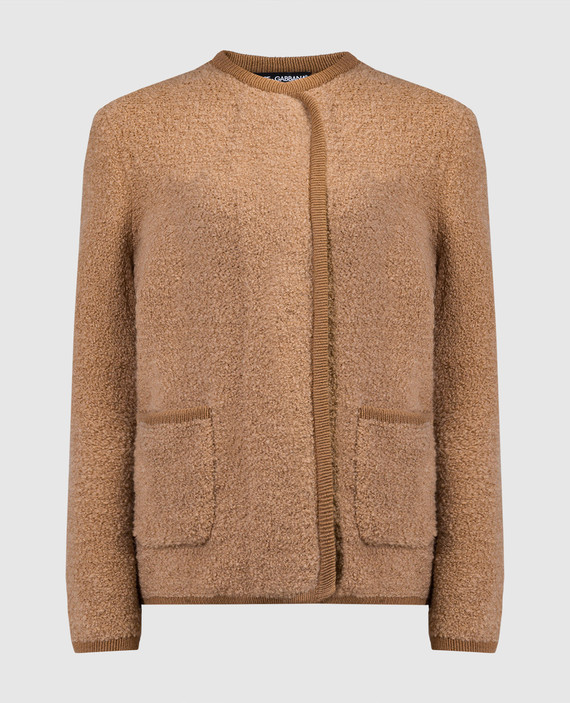 Brown wool and cashmere double-breasted jacket with metallic logo