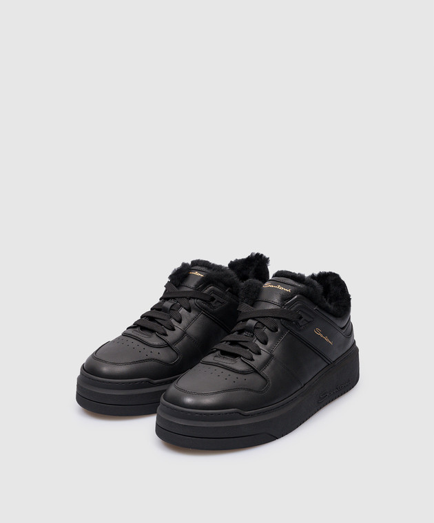 Santoni Black leather sneakers with fur WBSA61160NEOPXWL image 2
