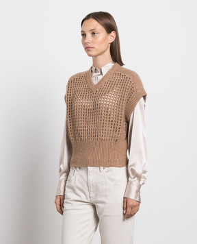 Brunello Cucinelli Бежевый ажурный жилет из шерсти, кашемира и мохера MGP557512P