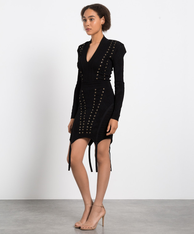Balmain Чорна сукня міні в текстури з шнурівкою YF1R8519KC28 зображення 3