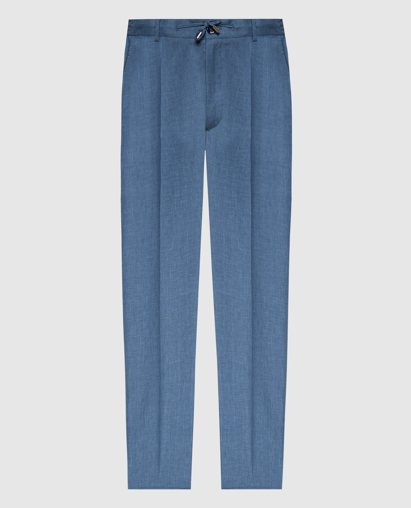 Голубые брюки с леном, шерстью и шелком с металлическим логотипом.