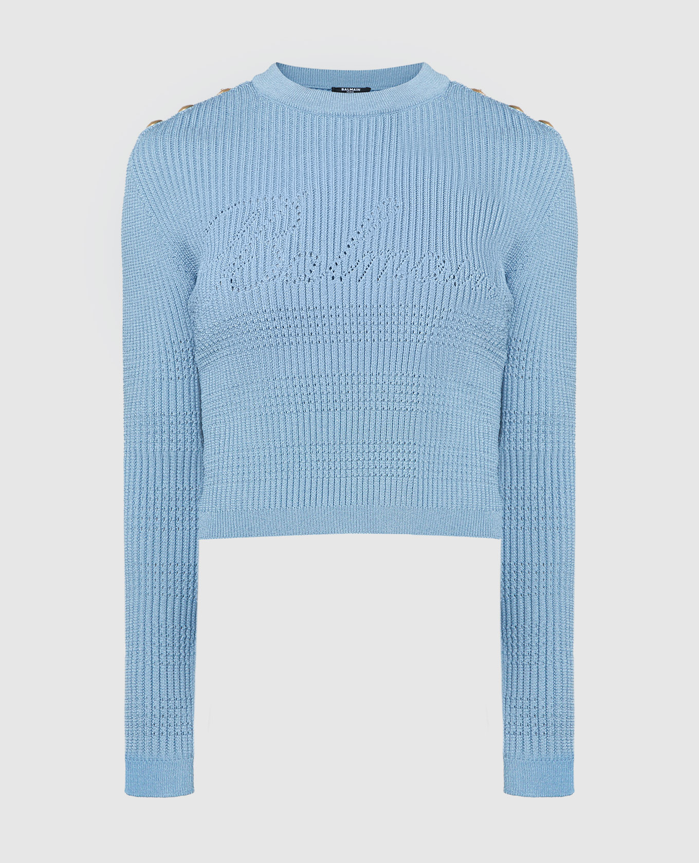 Blue jumper with branded buttons