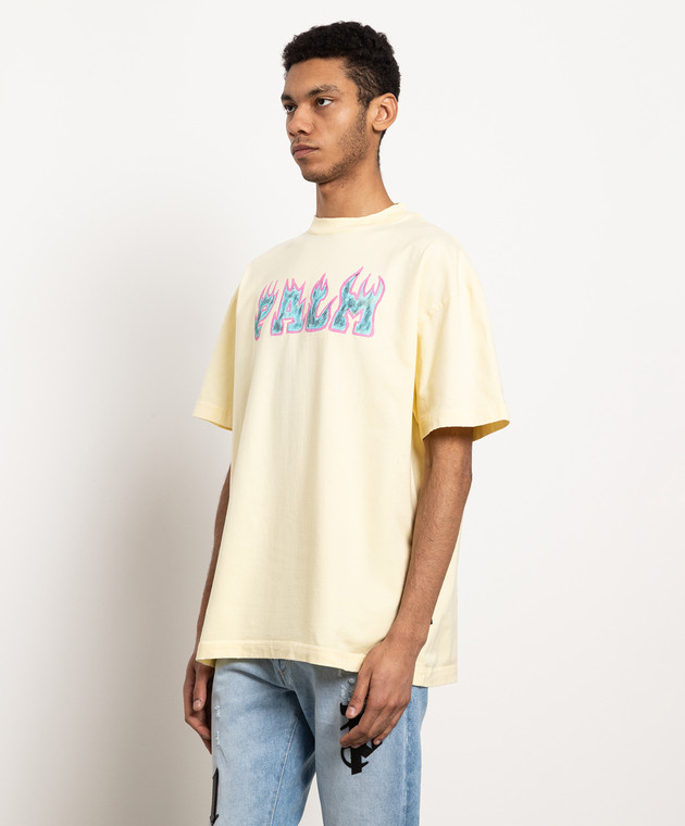 Palm Angels - Yellow Flames Logo Print Vint T-Shirt
