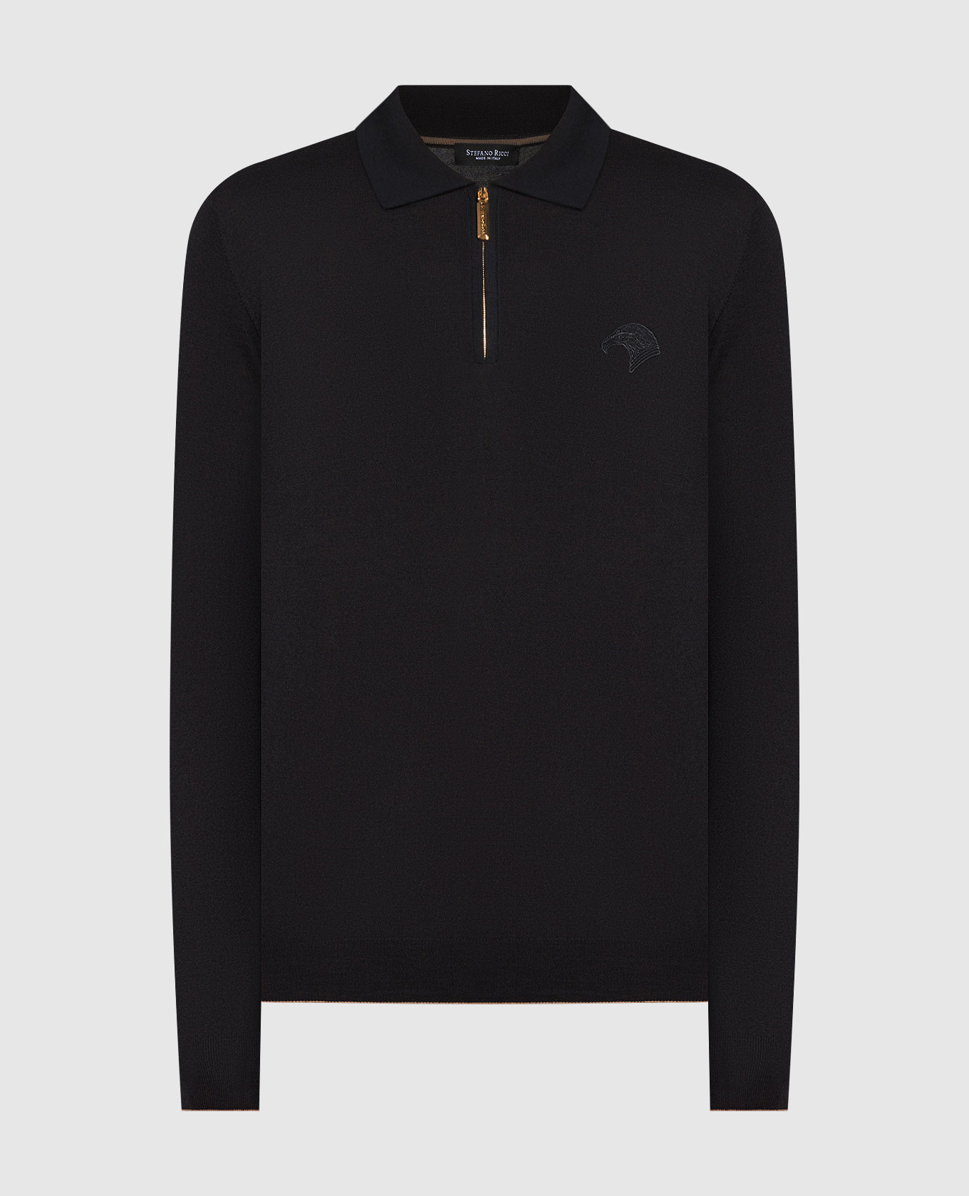 Black wool polo with logo patch