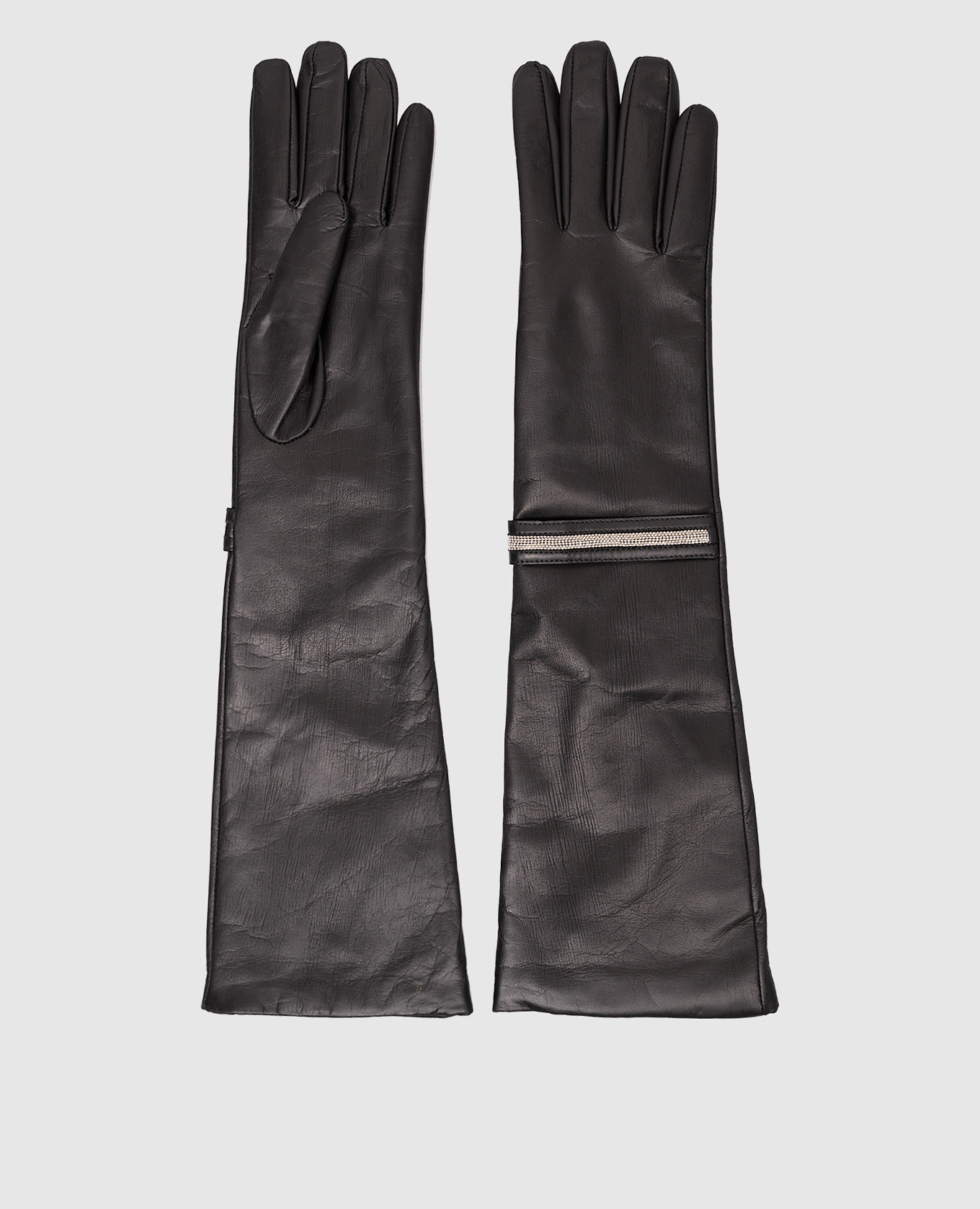 Черные кожаные перчатки с цепочкой мониль