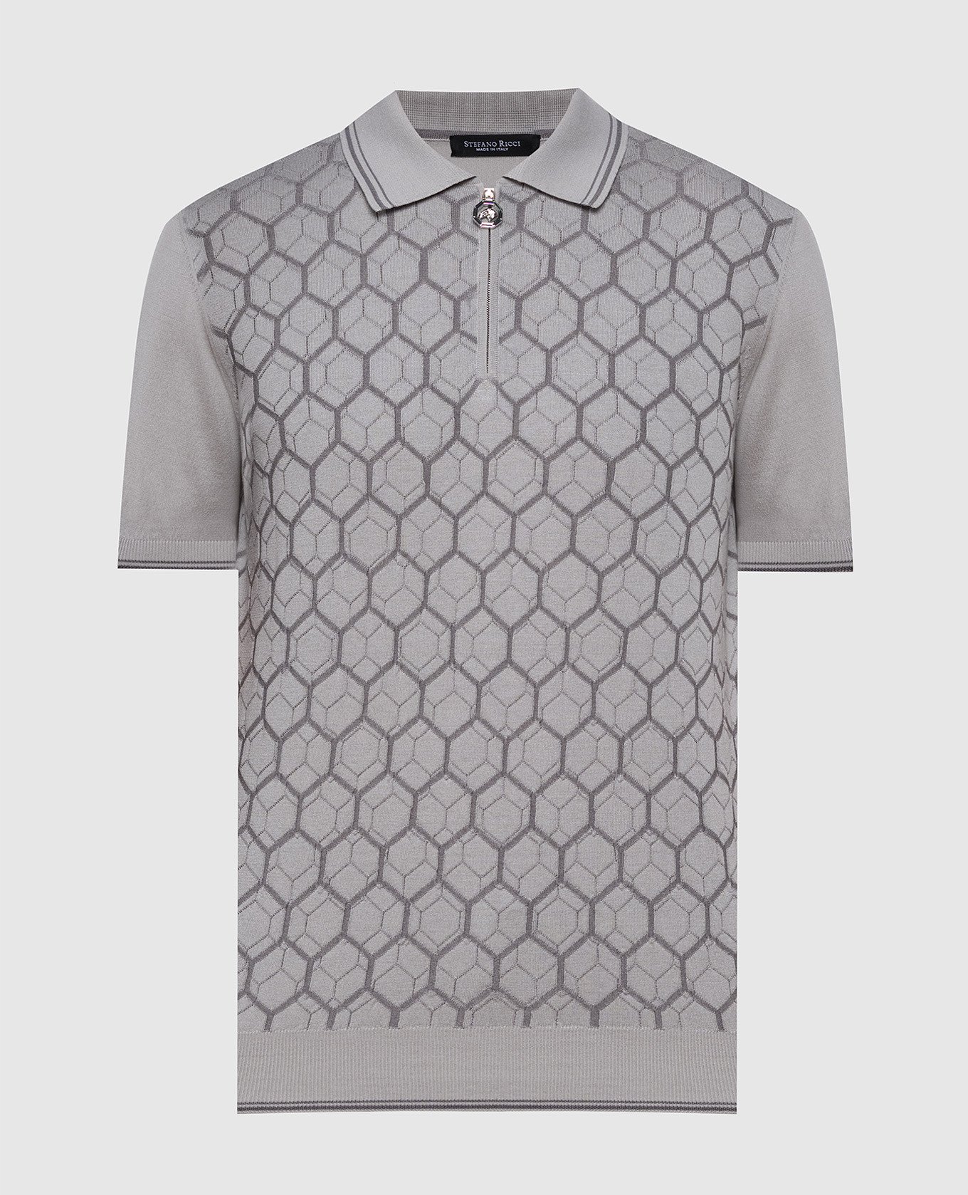 Gray polo with silk in a textured pattern with a logo