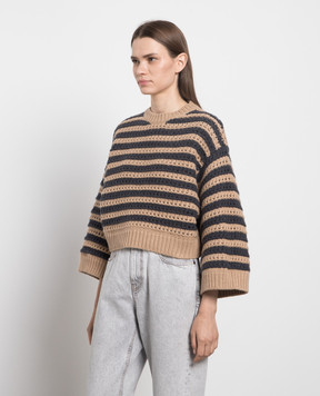 Brunello Cucinelli Коричневый свитер в полоску из шерсти, кашемира и шелка M6D367200P