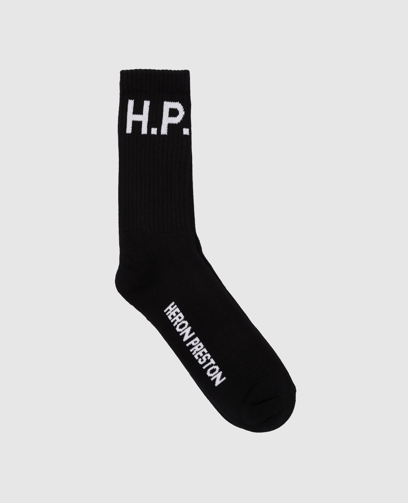 Black socks with a logo pattern
