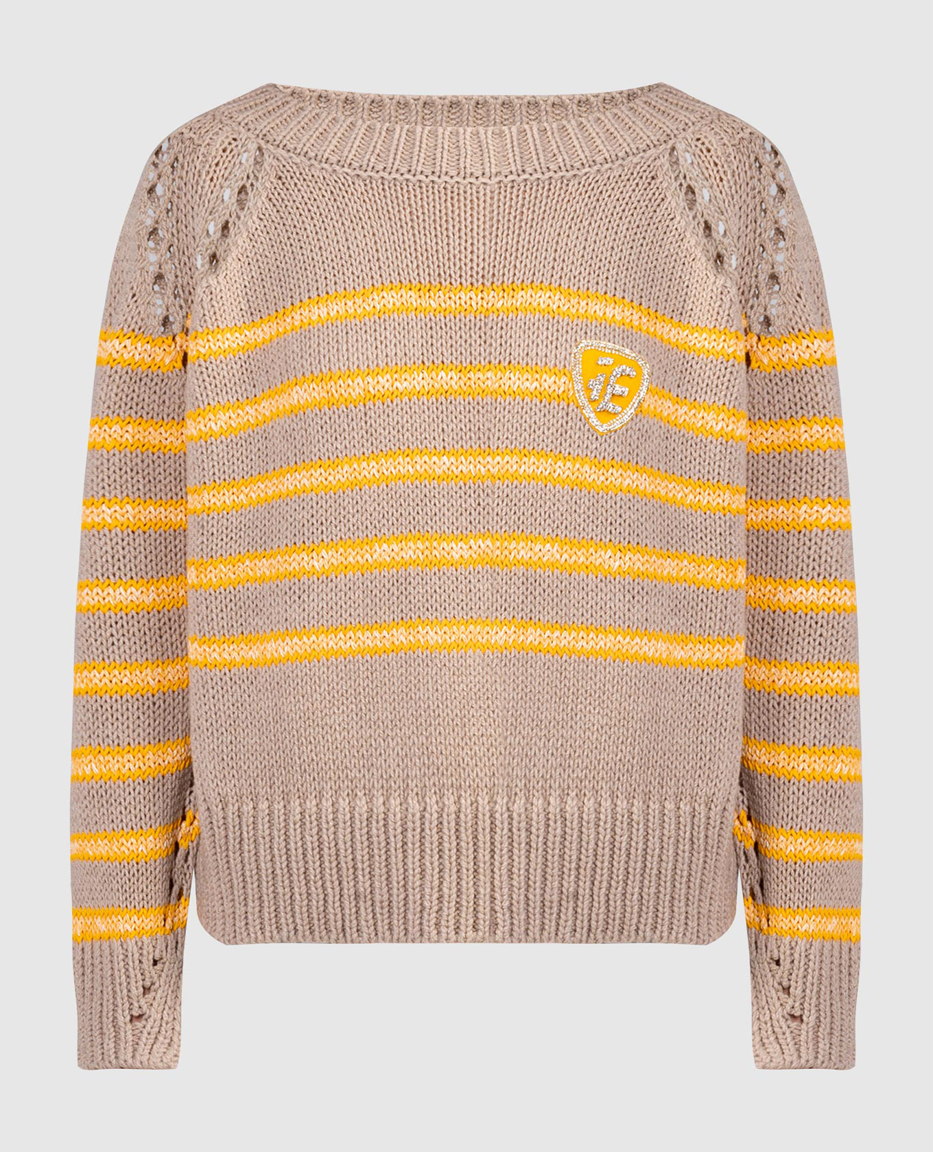 Brown sweater in a stripe with a logo