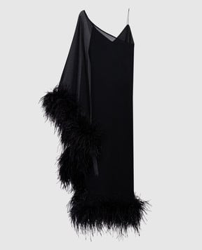 Taller Marmo Черное платье асимметричного кроя с перьями страуса PS2418