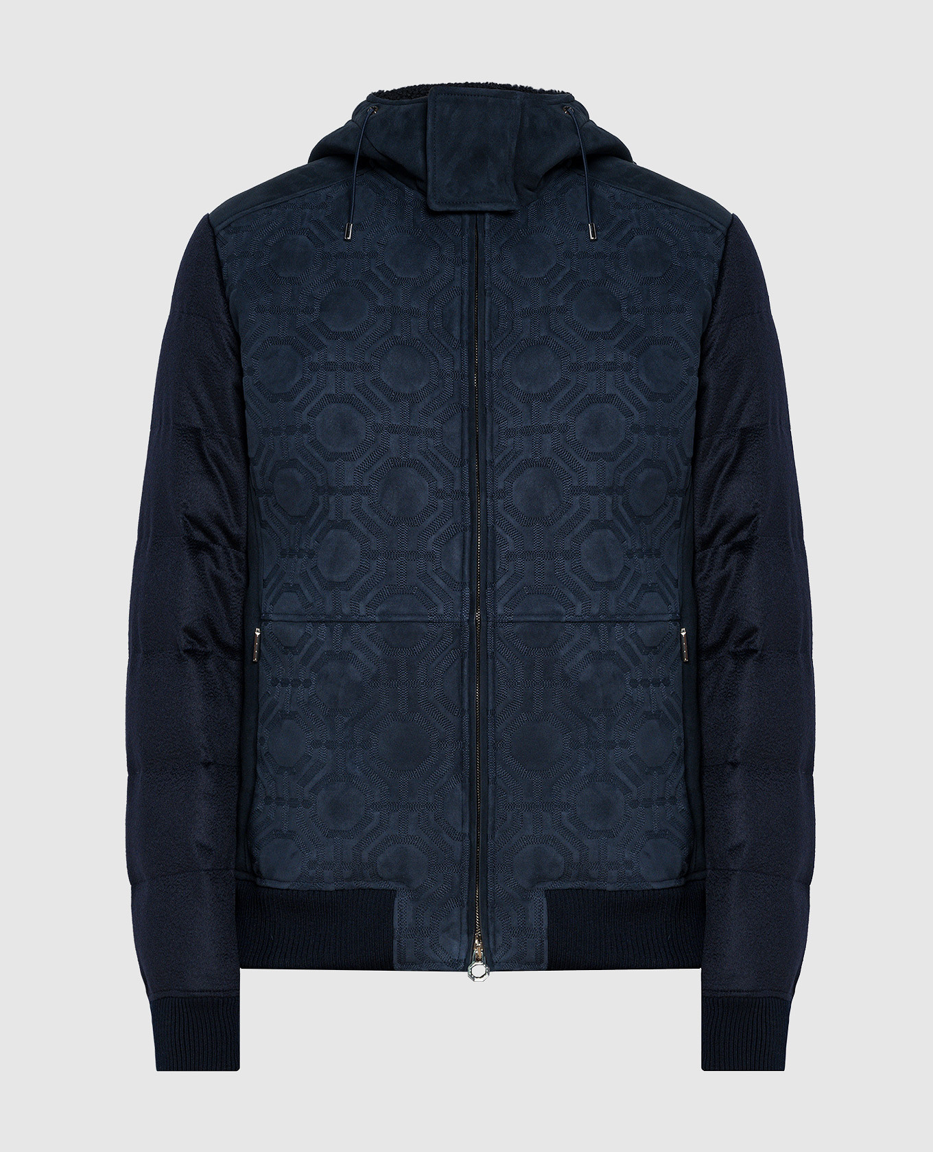 Blue combined cashmere and suede down jacket with branded embroidery