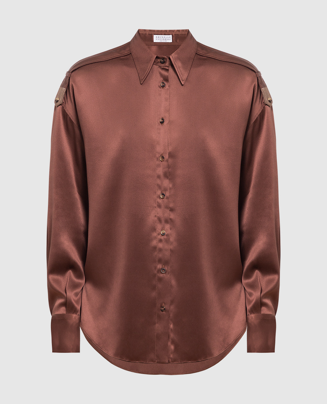 Dark brown silk shirt with eco-brass