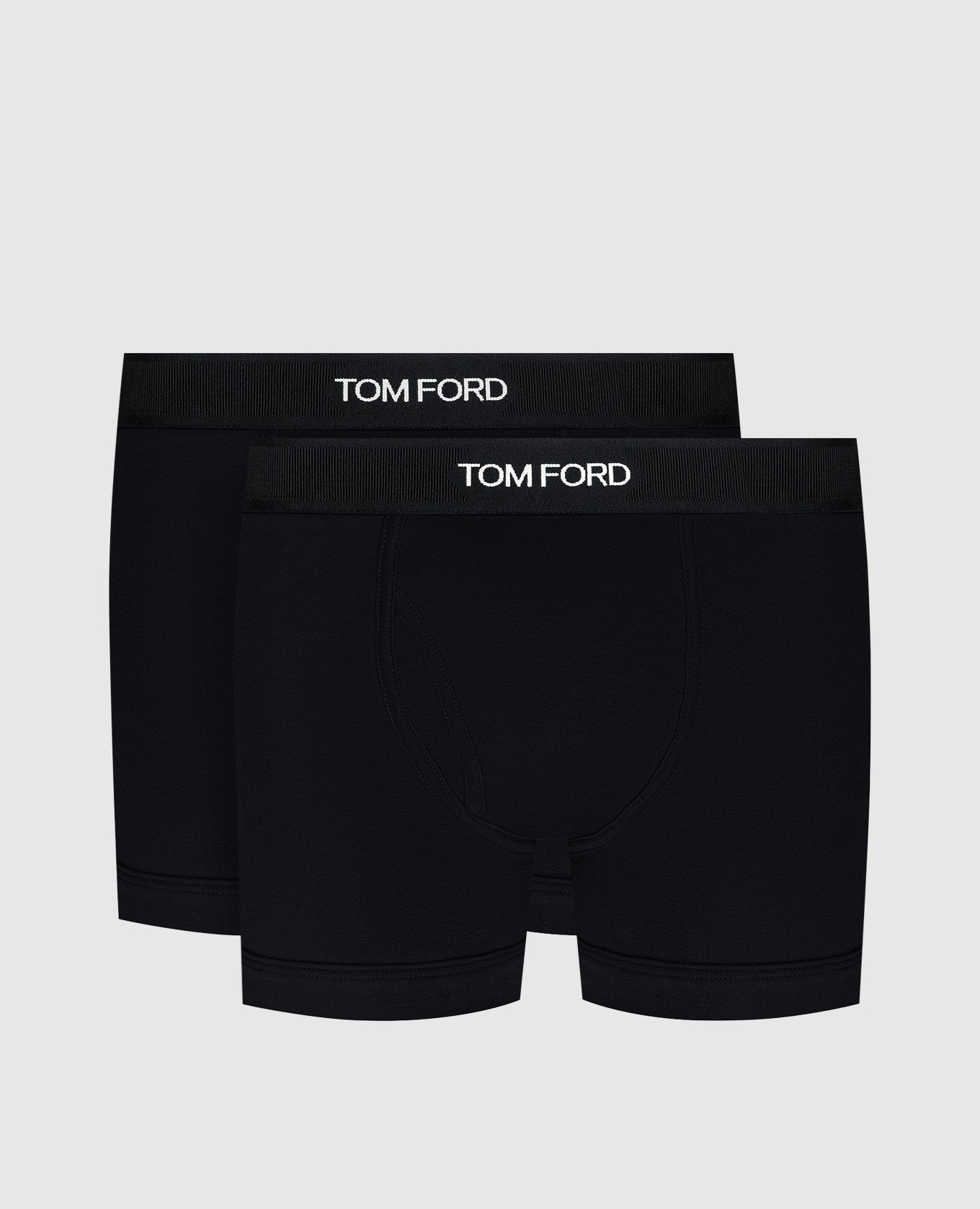 A set of black boxer briefs with a logo pattern