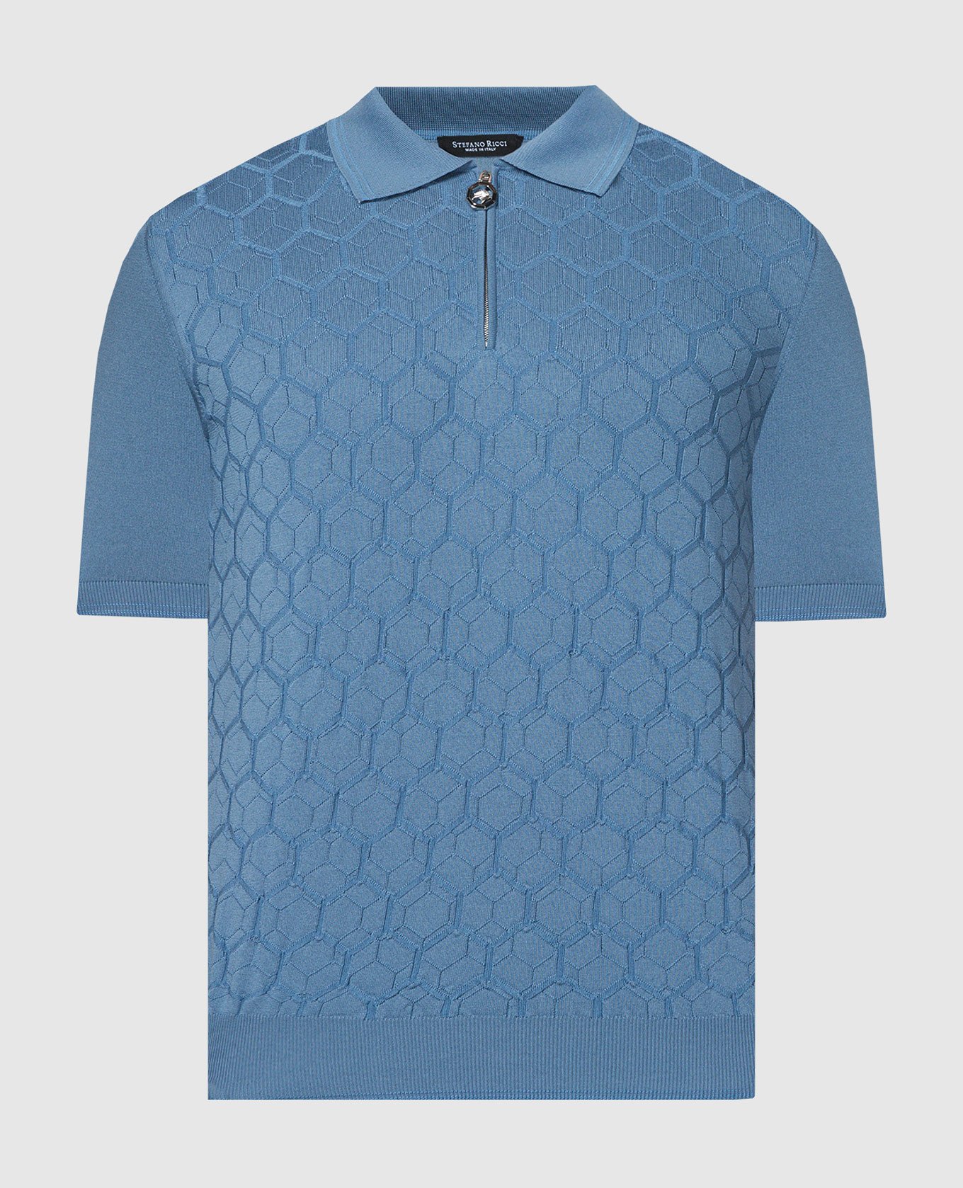 Blue polo shirt with silk in a textured pattern with a logo