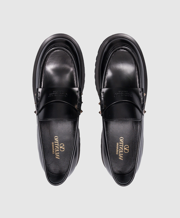 Valentino Rockstud logo embossed leather loafers in black 3W0S0HW9AWE image 4