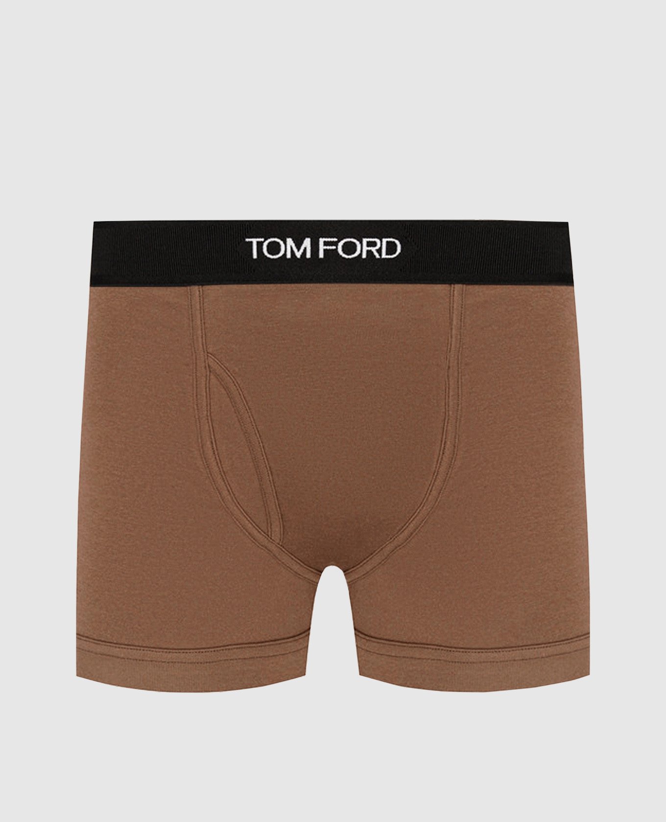 Brown boxer briefs with a logo pattern