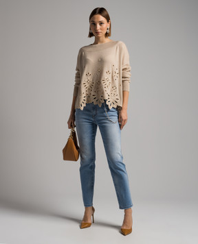 Ermanno Scervino Бежевий светр з кашеміру з ажурною вишивкою D445M316IPYU