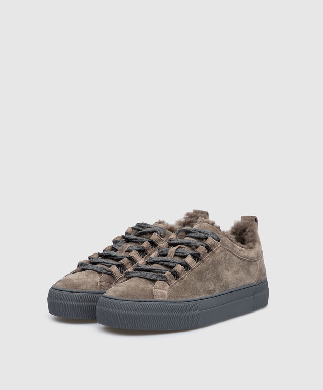 Brunello Cucinelli Коричневі замшеві кеди на хутрі з ланцюжком моніль MZSFG2391 зображення 2