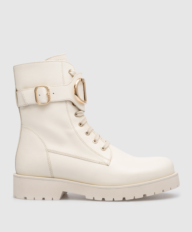 Twinset Beige leather boots with metallic Oval T logo 231TCP12C