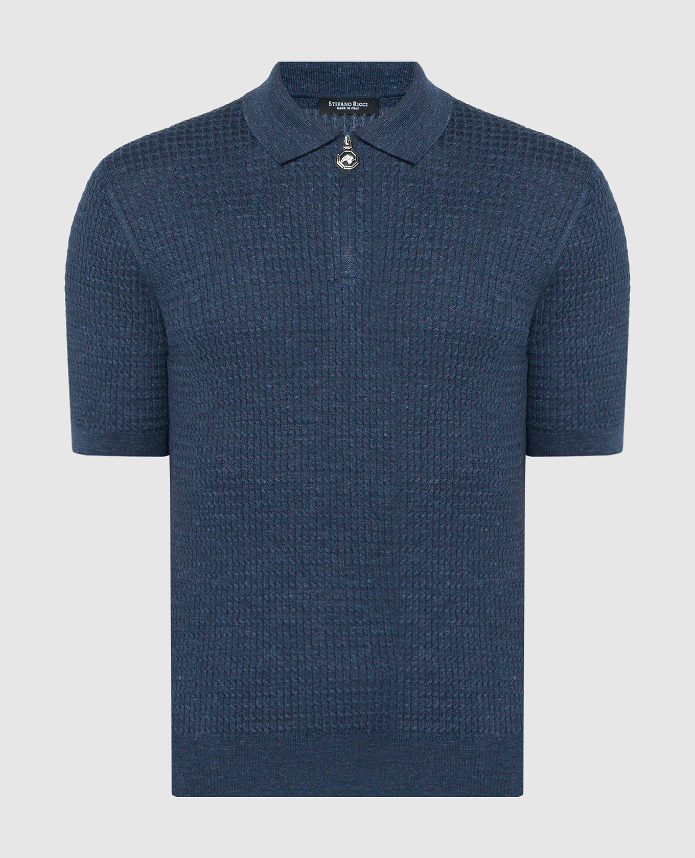 Blue polo shirt made of silk, cashmere and linen with a textured pattern