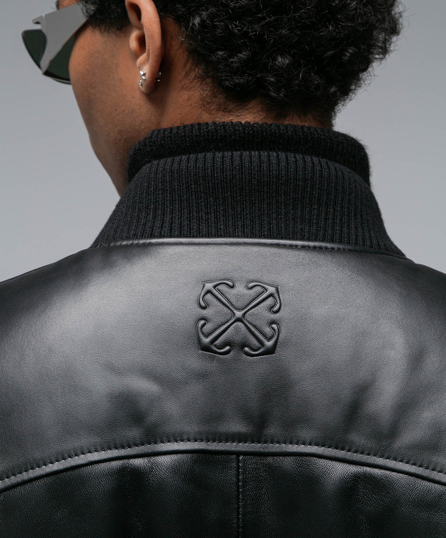 Off-White - Black leather bomber jacket with embossed logo