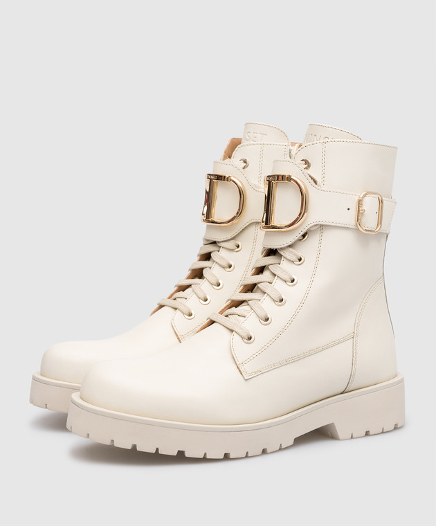 Twinset Beige leather boots with metallic Oval T logo 231TCP12C изображение 2
