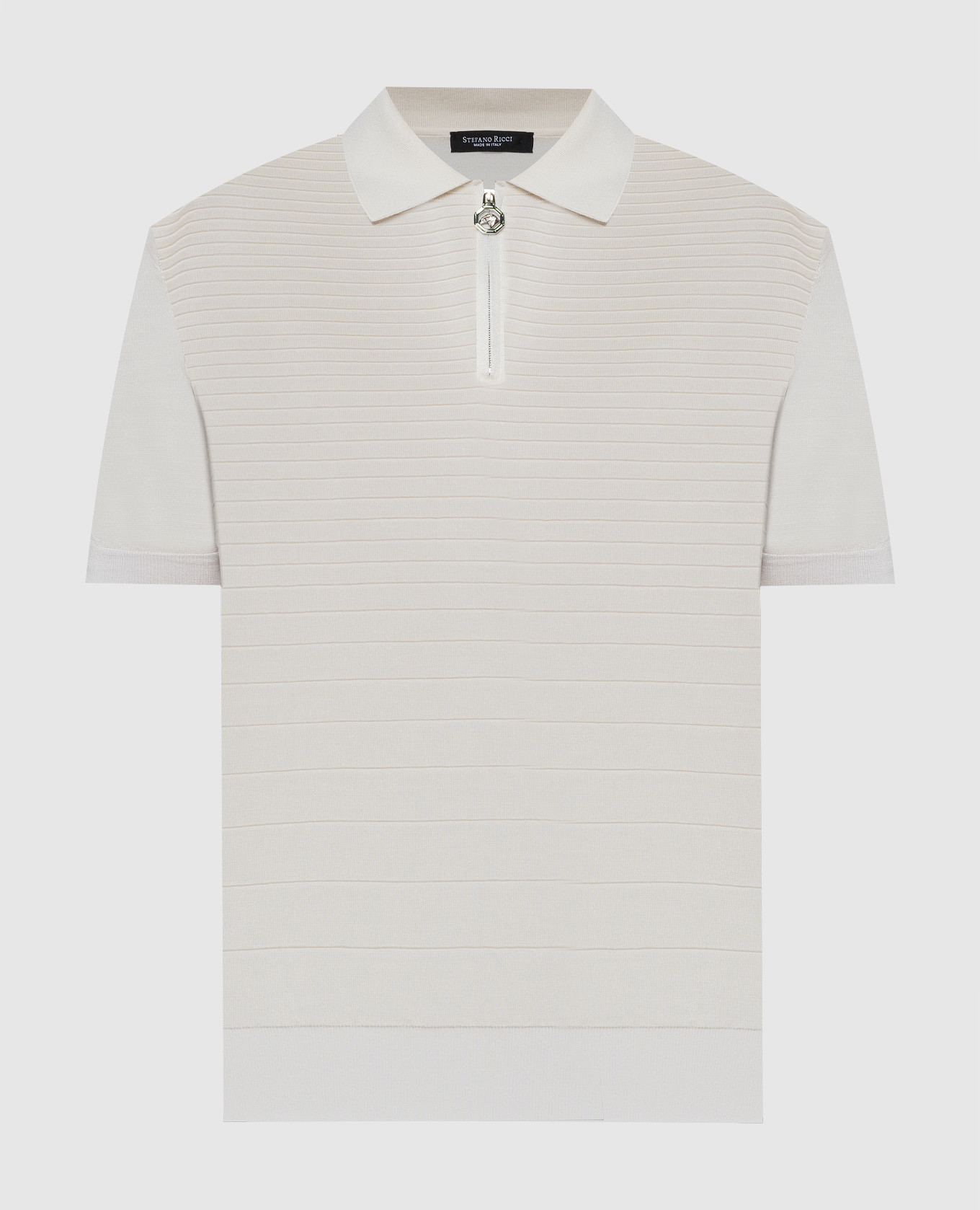 White polo shirt made of silk with a textured pattern