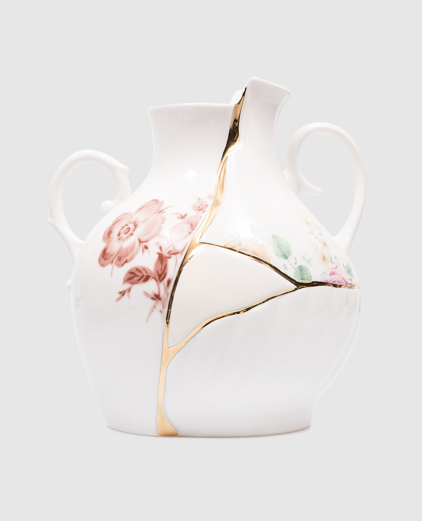

Белая ваза Kintsugi с принтом и золотой отделкой., Белый, Коллекционные предметы
