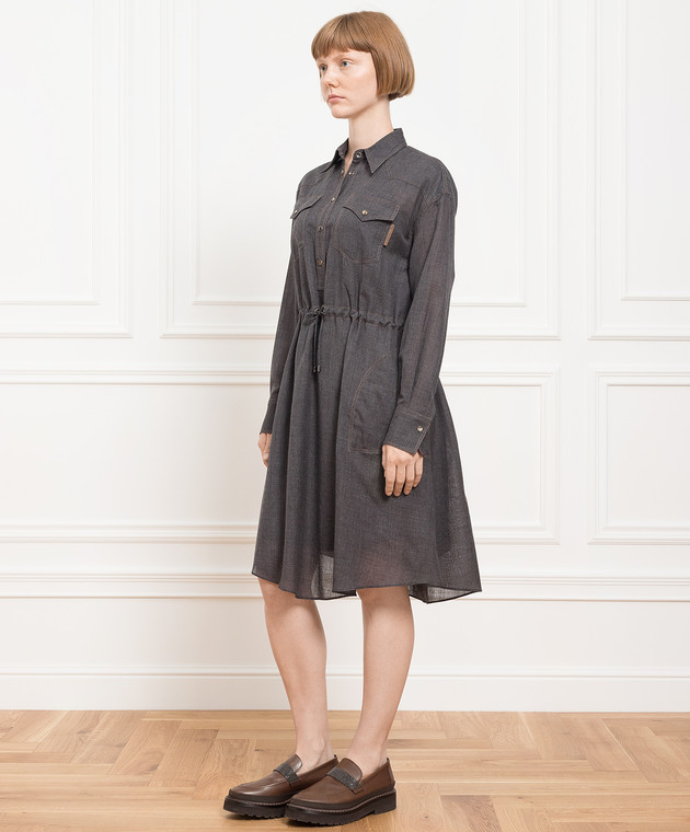 Brunello Cucinelli Темно-сіра сукня-сорочка з вовни з еколатунню MP920AMF13 зображення 3