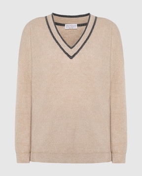 Brunello Cucinelli Коричневий пуловер в рубчик з ланцюжком моніль MER188512