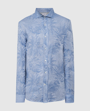 Brunello Cucinelli Голубая рубашка с льном в тропическом узоре. MM6320627