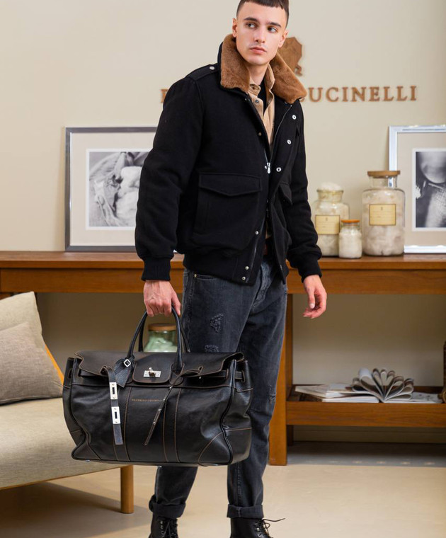 Brunello Cucinelli Черная кожаная дорожная сумка с логотипом MBZIU071 изображение 7