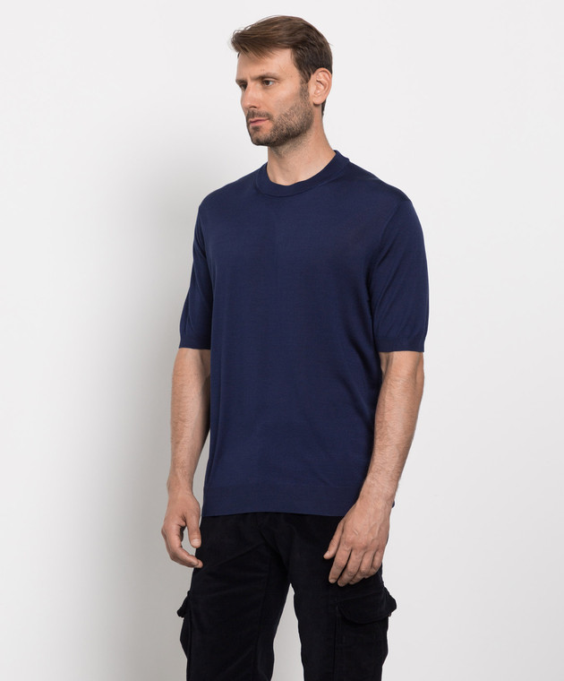 Stefano Ricci Темно-синя футболка з шовку з патчем зі шкіри крокодила K616006G12F22102 зображення 3