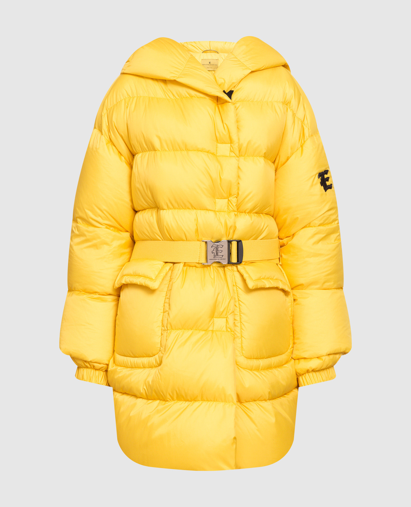 

Желтый стеганый пуховик с нашивкой логотипа, Пуховики