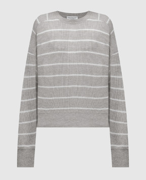 Brunello Cucinelli Сірий светр в смужку з ланцюжком моніль з еколатуні MER137010