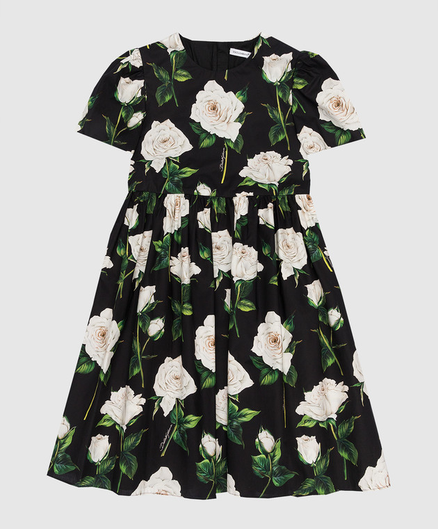 Dolce&Gabbana Children's black dress with a print of White roses L53DD5HS5ND812