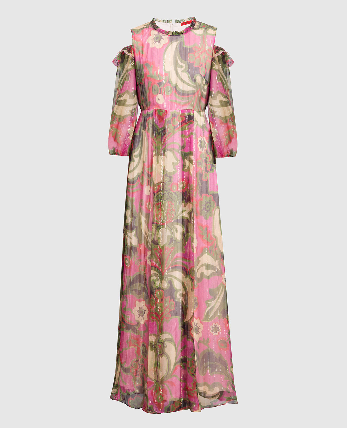 Розовое платье макси из шелка в цветочный принт с люрексом.